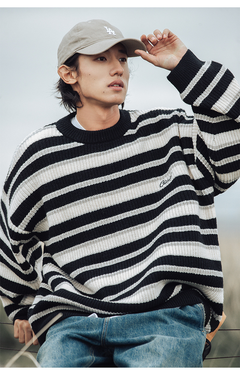 Retro color-blocking striped chunky knit sweater for both men and women, Japanese loose trendy round-neck knitted sweater jacket for autumn and winter pic 22