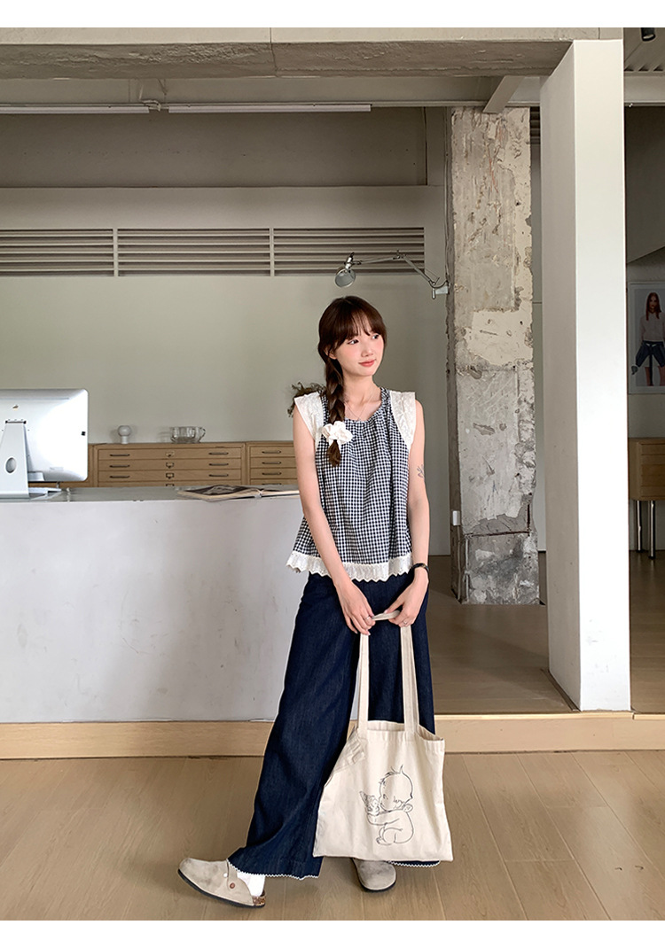 陆小团团复古花边直筒薄牛仔裤2025夏季新款显瘦阔腿小个子裤子女详情57