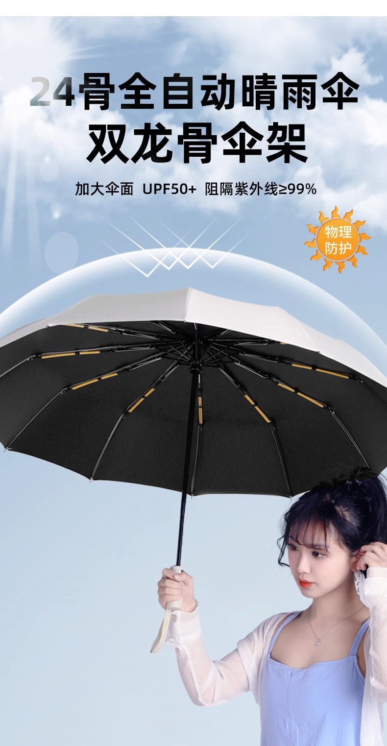 雨伞24骨黑胶男女通用晴雨两用全自动雨伞防晒遮阳双龙骨防紫外线详情4