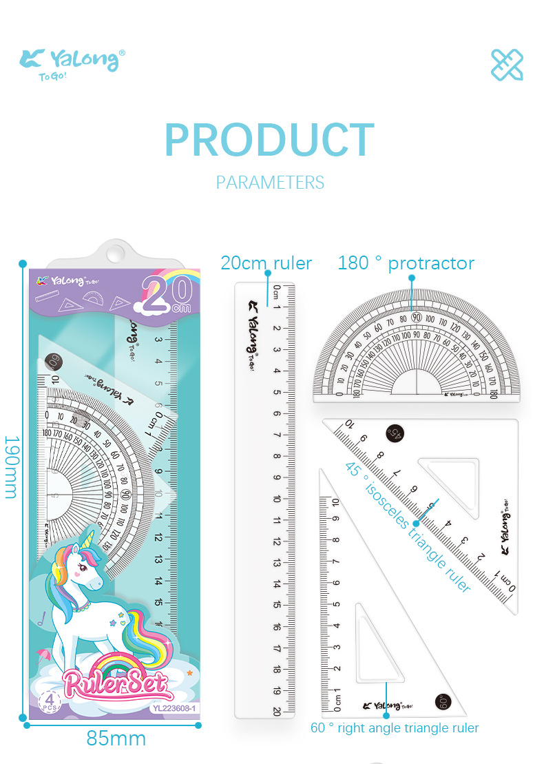 Yalong Cross-border Hardcover Rulers, school supplies wholesale geometric rulers, 20 cm plastic multi-size ruler sets pic 8