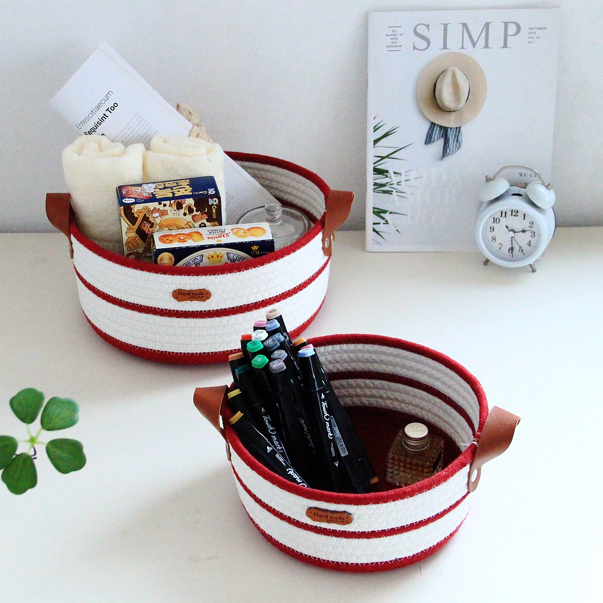 Round cotton rope woven storage basket with leather handle, InS-style desktop storage basket, cosmetics and toys storage box, Nordic style pic 12