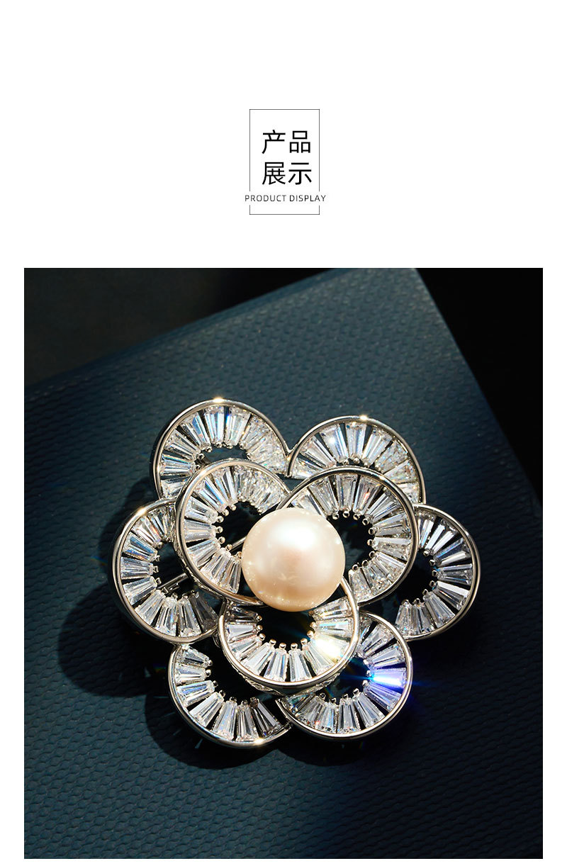 French elegant freshwater pearl camellia brooch, copper alloy inlaid with zircon, real gold electroplated, high-end fashion pin pic 17