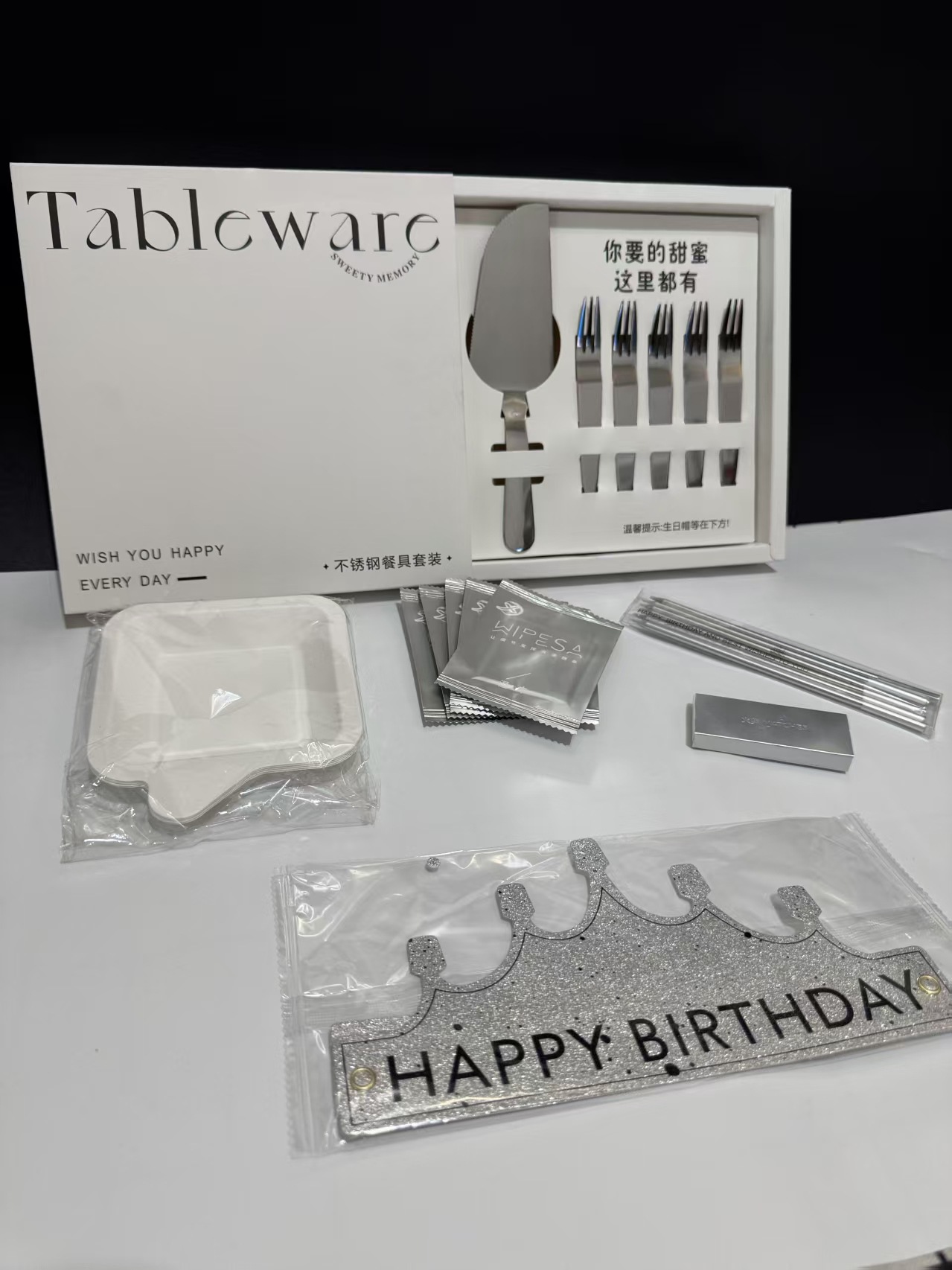 生日蛋糕不锈钢餐具刀叉盘蜡烛火柴湿巾折叠帽七件套礼盒套装餐具详情6