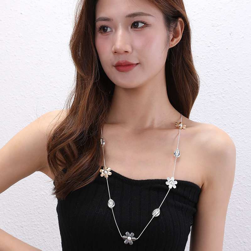 跨境专供女士长款毛衣链花朵撞色时尚简约风亚马逊热销金属项链详情6