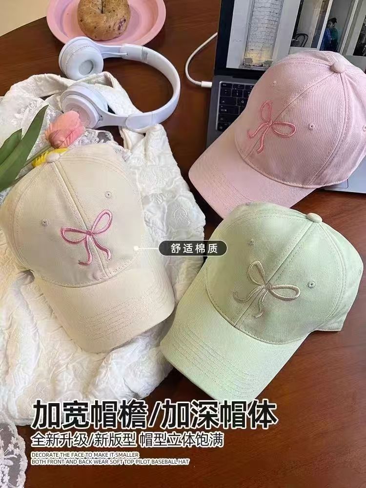蝴蝶结棒球帽女2024新款甜美可爱浅粉色百搭显脸小硬顶防晒鸭舌帽详情6