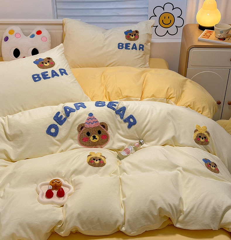 奶油风小熊水洗棉床上用品四件套卡通可爱床单被套宿舍三件套床笠详情17