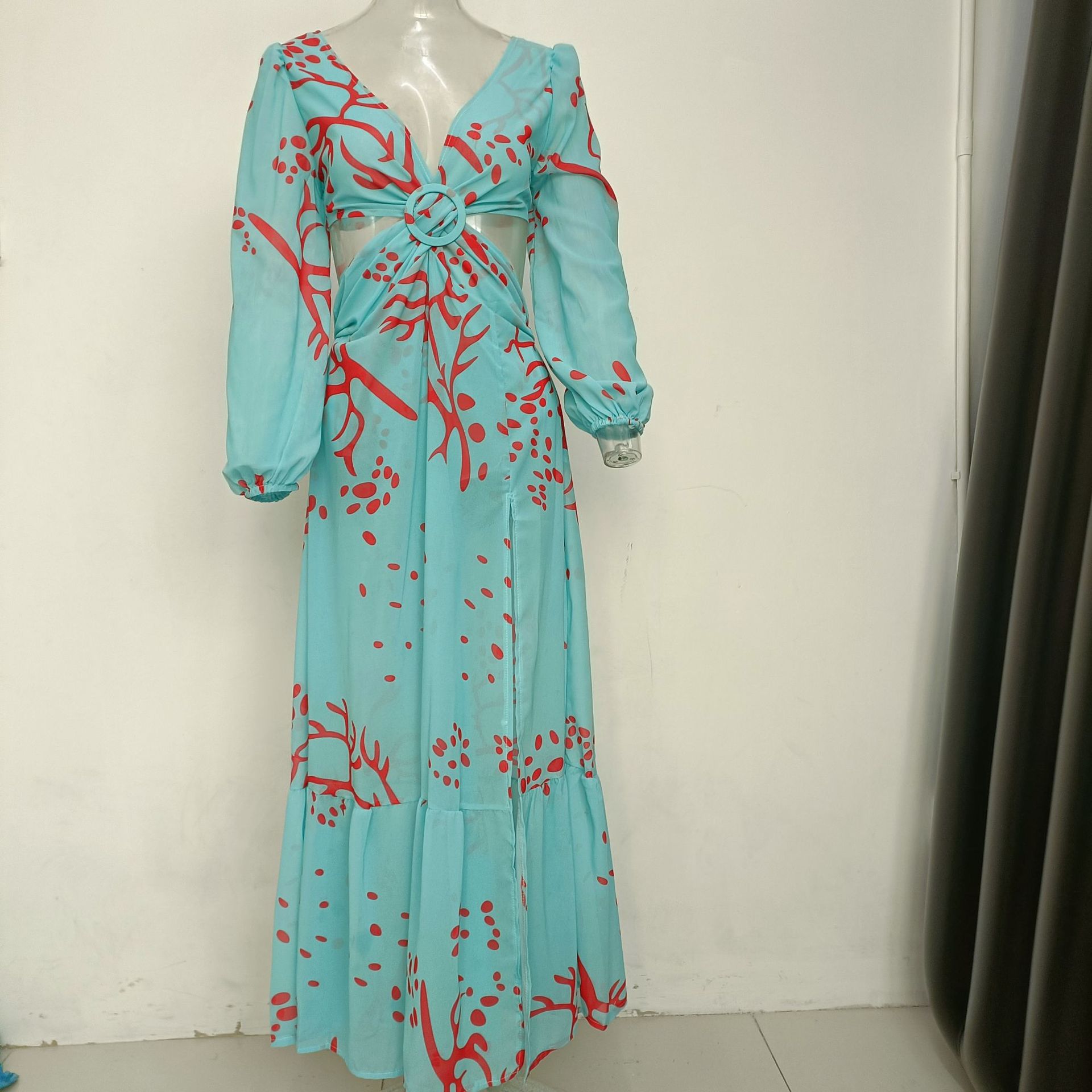 Lantern long-sleeved V-neck slit dress pic 8