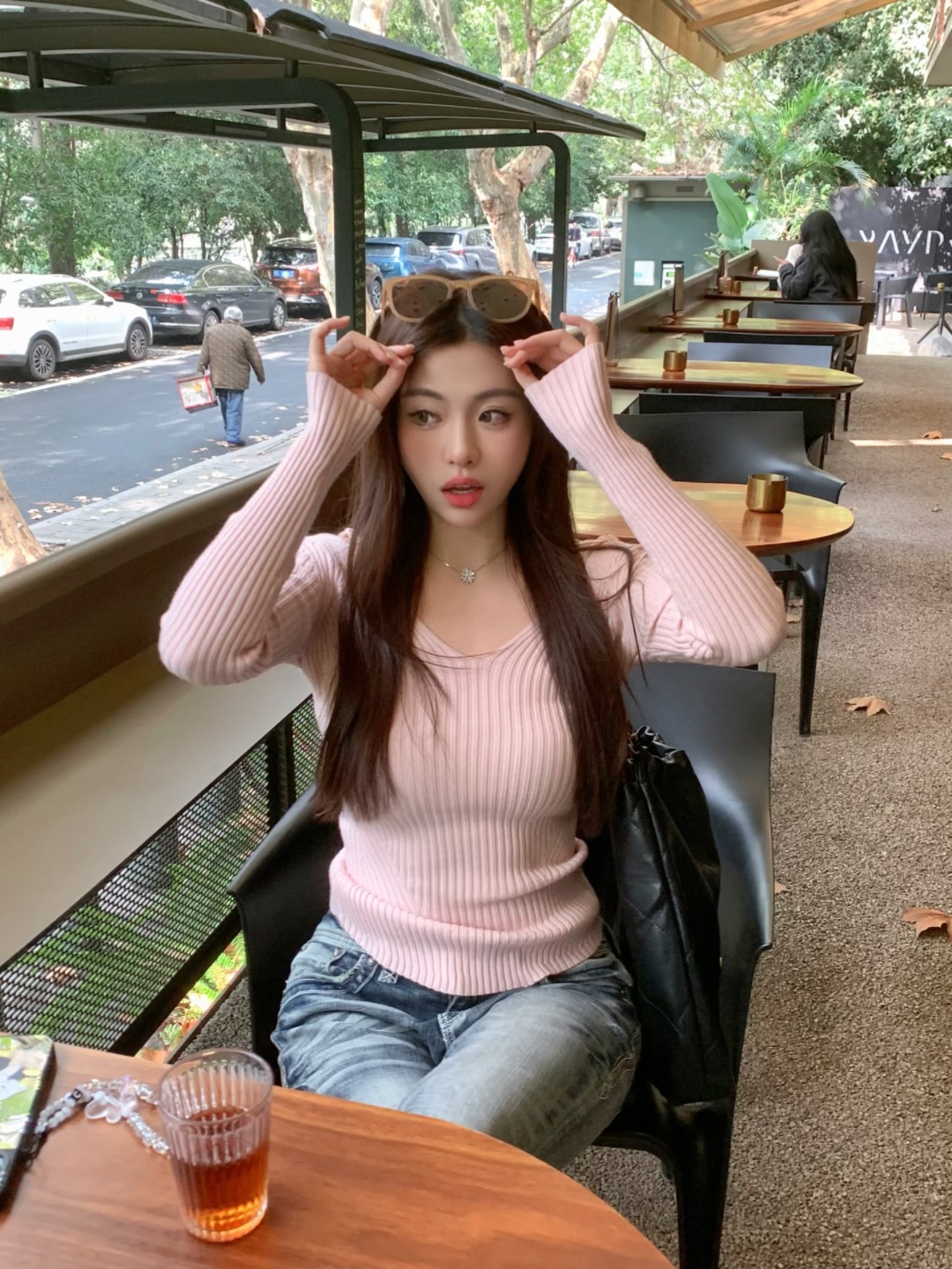 Spring and Autumn New style Pei Xiu Nu Zhi Halter pink sweater Fake two V-neck pure style base knitted sweater 2107 pic 11