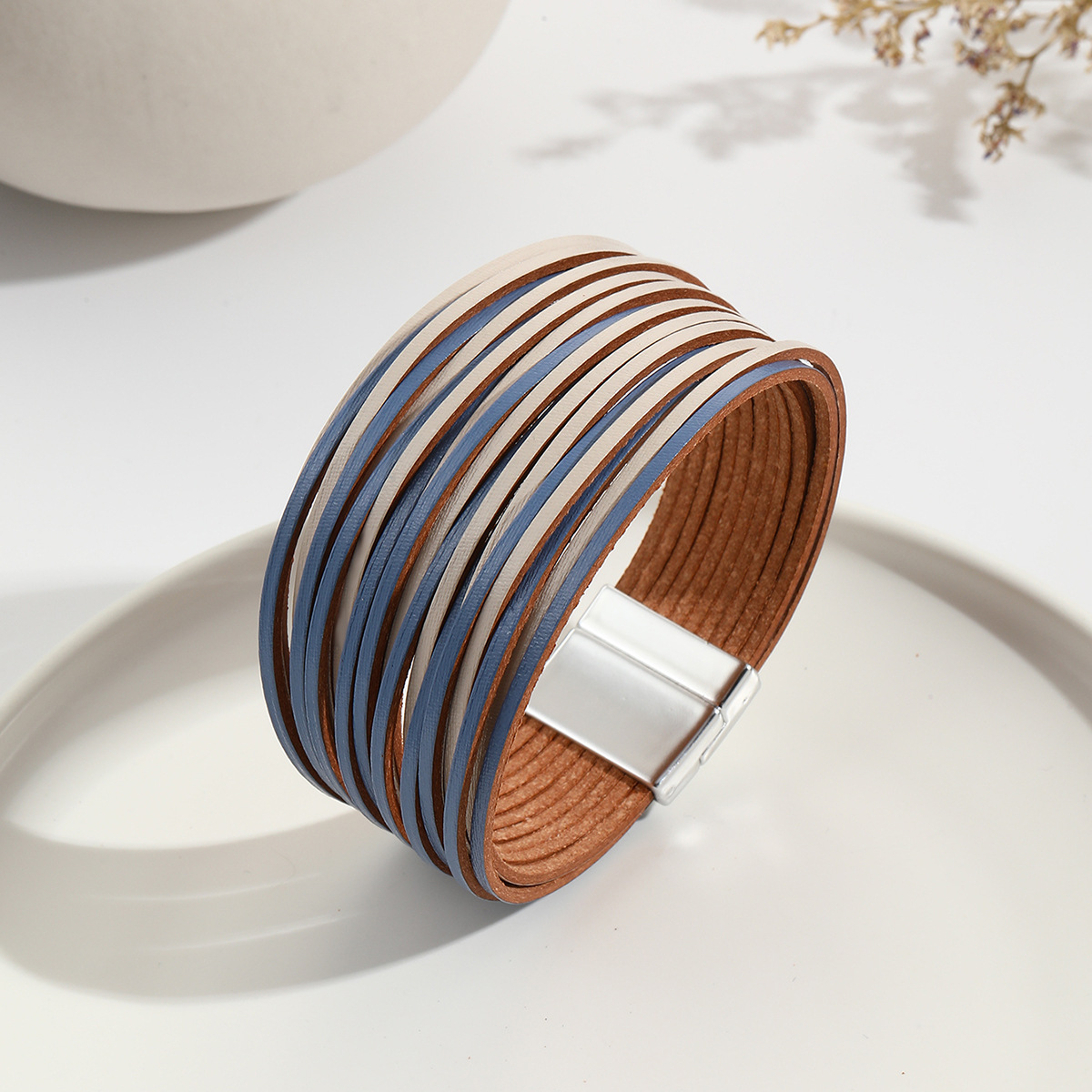 新款亚马逊多条渐变男手环皮绳混色百搭女士PU皮革皮手链磁扣手镯详情28