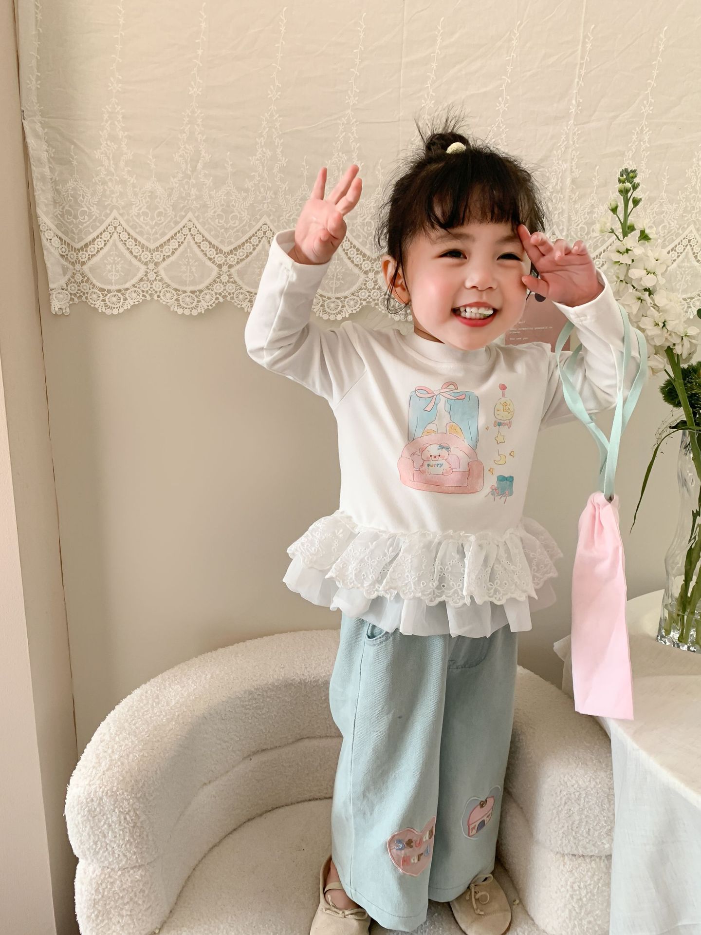 Caña pear niño niña traje primavera 2026 nuevo estilo niños korean manga larga camiseta jeans mujer bebé ropa pic 13