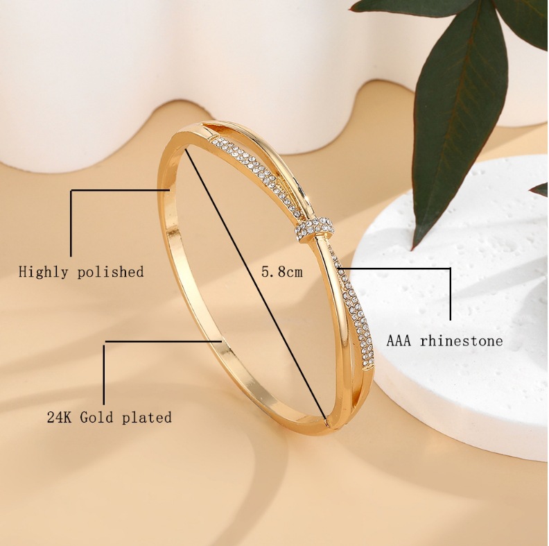 欧美爆款小众设计简约手镯轻奢风交叉镶钻金色手镯女饰品批发详情6