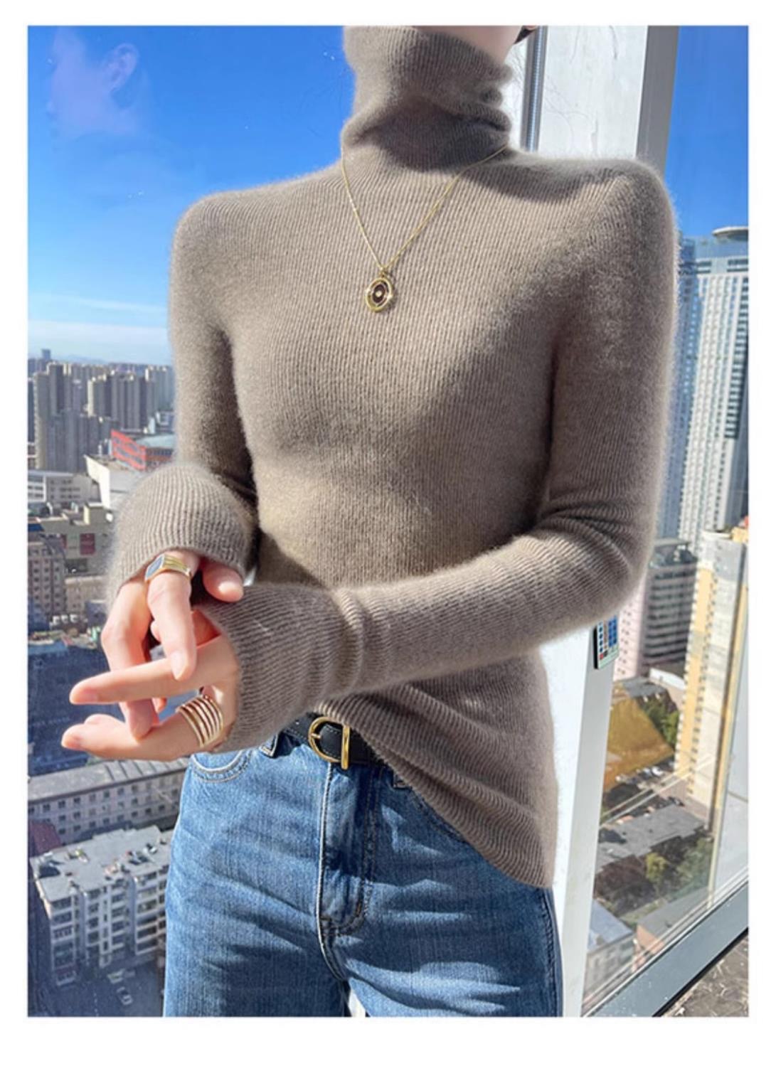 A stylish and fashionable semi-high-neck knitted top for women in autumn and winter. It's a slimming long-sleeved top with a mid-neck and a sweater underneath pic 13