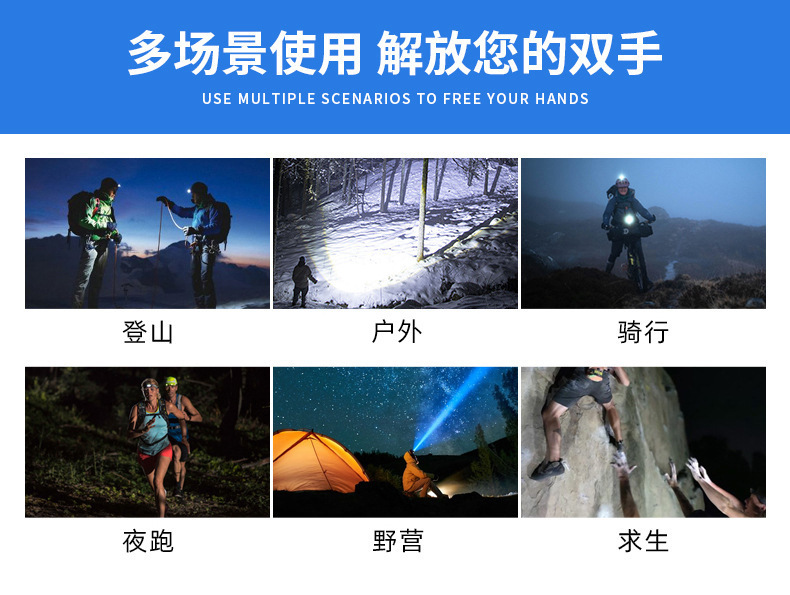 LED plastic headlamp, outdoor cycling and night running strong headlamp, USB charging with red and blue flashing sensor headlamp pic 9