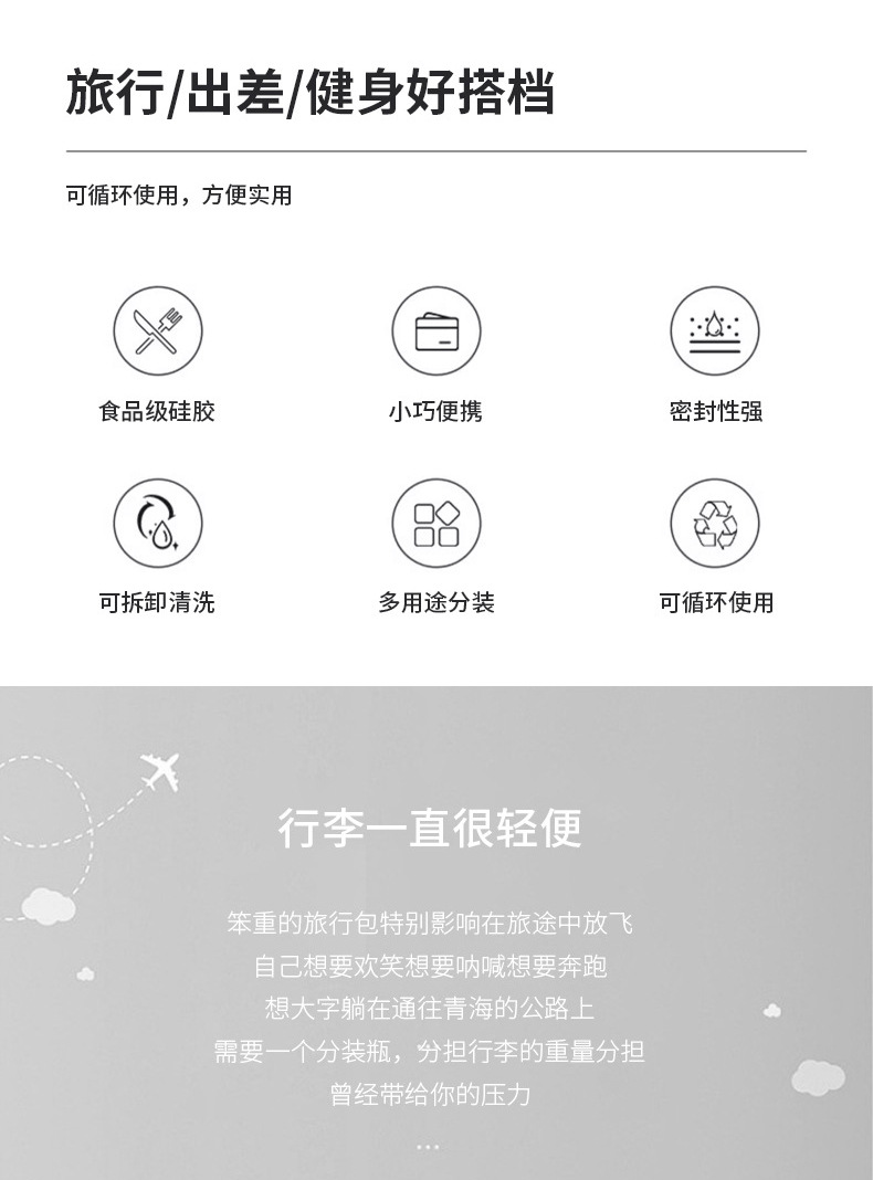 硅胶旅行分装瓶洗发水沐浴露旅游神器护肤品便携卸妆油小样空瓶详情2