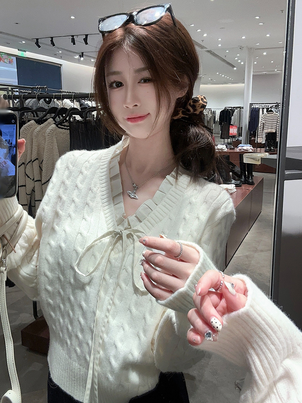 韩系学院风设计感假两件长袖毛衣针织衫女冬季蓝色温柔风修身上衣详情31