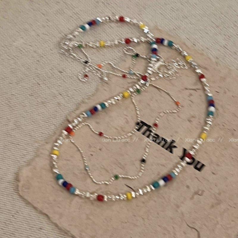 Colorful stacked beaded silver necklace, dopamine outfit necklace, light luxury and niche design sense collarbone chain necklace pic 8