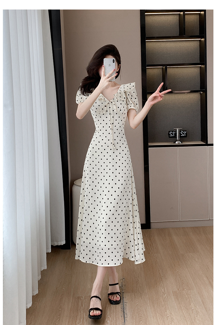 High-quality summer Korean-style sweet and slimming dress with lotus leaf collar, waist-cinching tie, puffed sleeves and jacquard polka dot pic 18