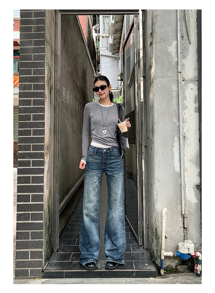 【今茵】新款美式复古水洗做旧中低腰无弹微宽松喇叭拖地牛仔裤女详情11