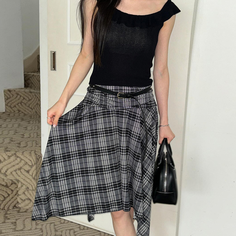 美式复古撞色格纹不规则半身裙女2024新款褶皱高腰显瘦A字中长裙详情9