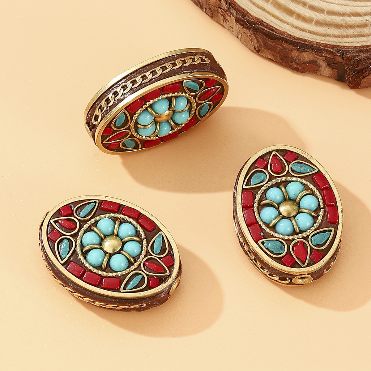 Tibetan-style Nepalese retro bead copper inlaid with turquoise and red stone DIY ethnic style bracelet accessories bucket beads pic 5