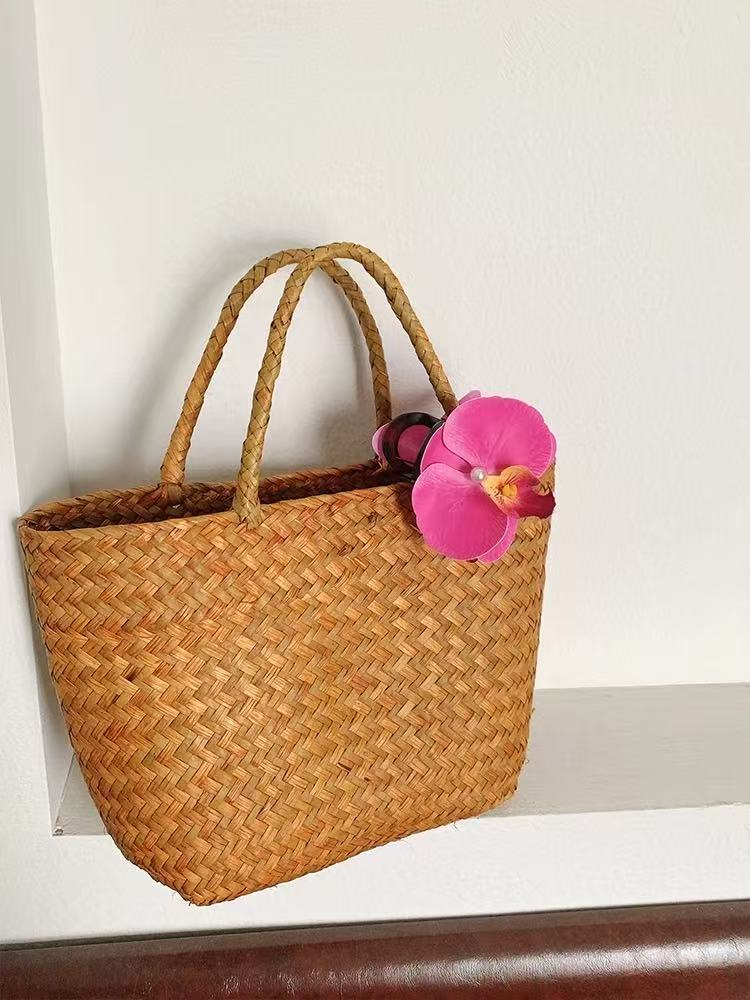 网红款编织手提包小众女包旅游度假小清新凹造型手工草编收纳详情7