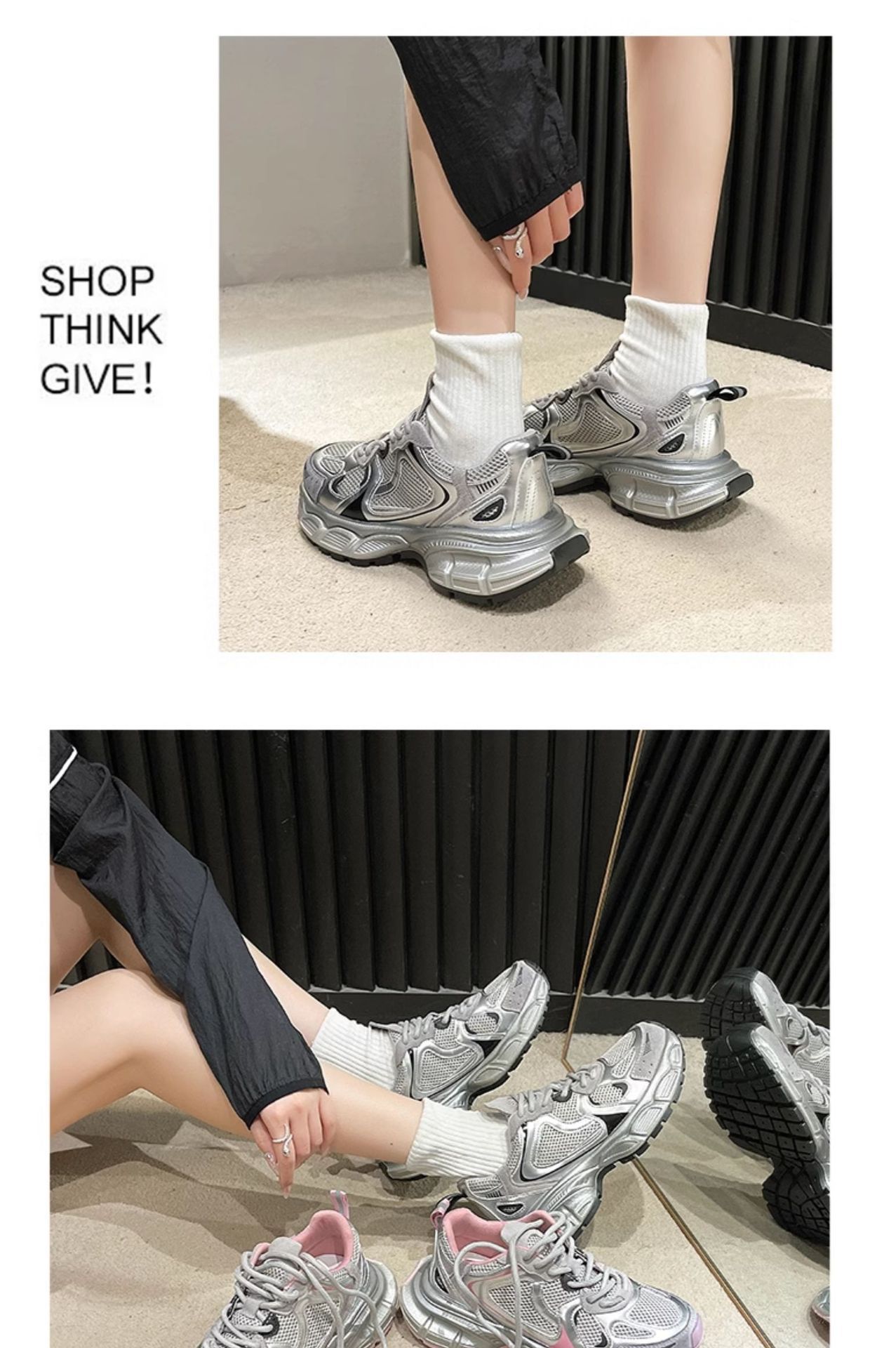 老爹鞋女2025春季新款厚底圆头网面休闲女鞋银色潮牌时尚运动鞋详情13