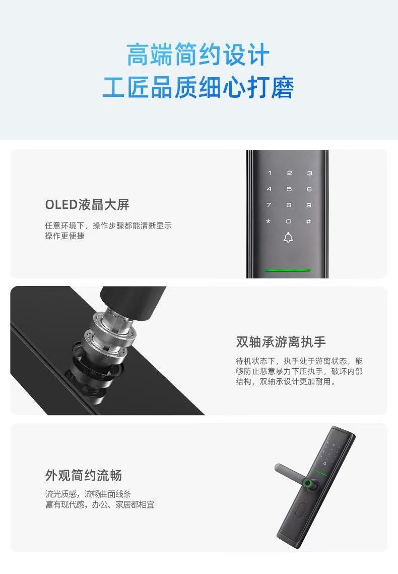 Grey smart door lock, fingerprint recognition, digital keyboard, green indicator light, long handle, side knob pic 7
