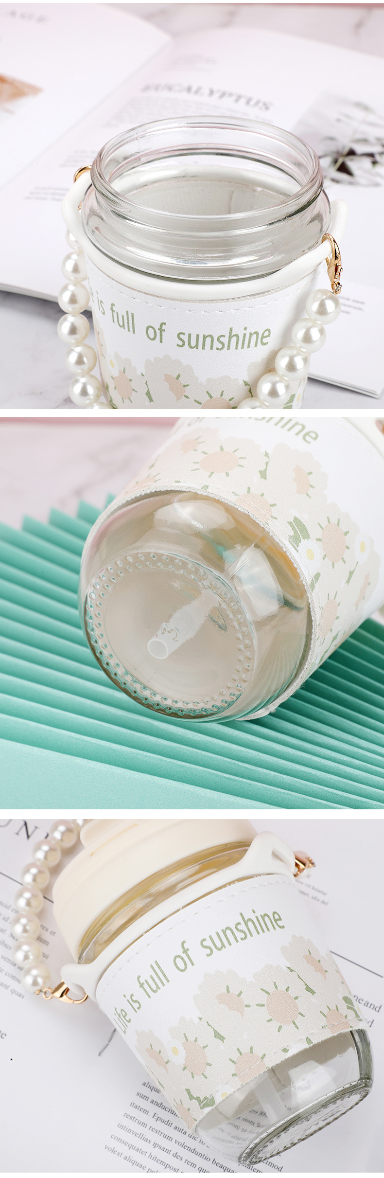 High appearance level glass water cup for girls and students, fresh and cute double-drinking cup, pearl ins style portable coffee cup pic 11