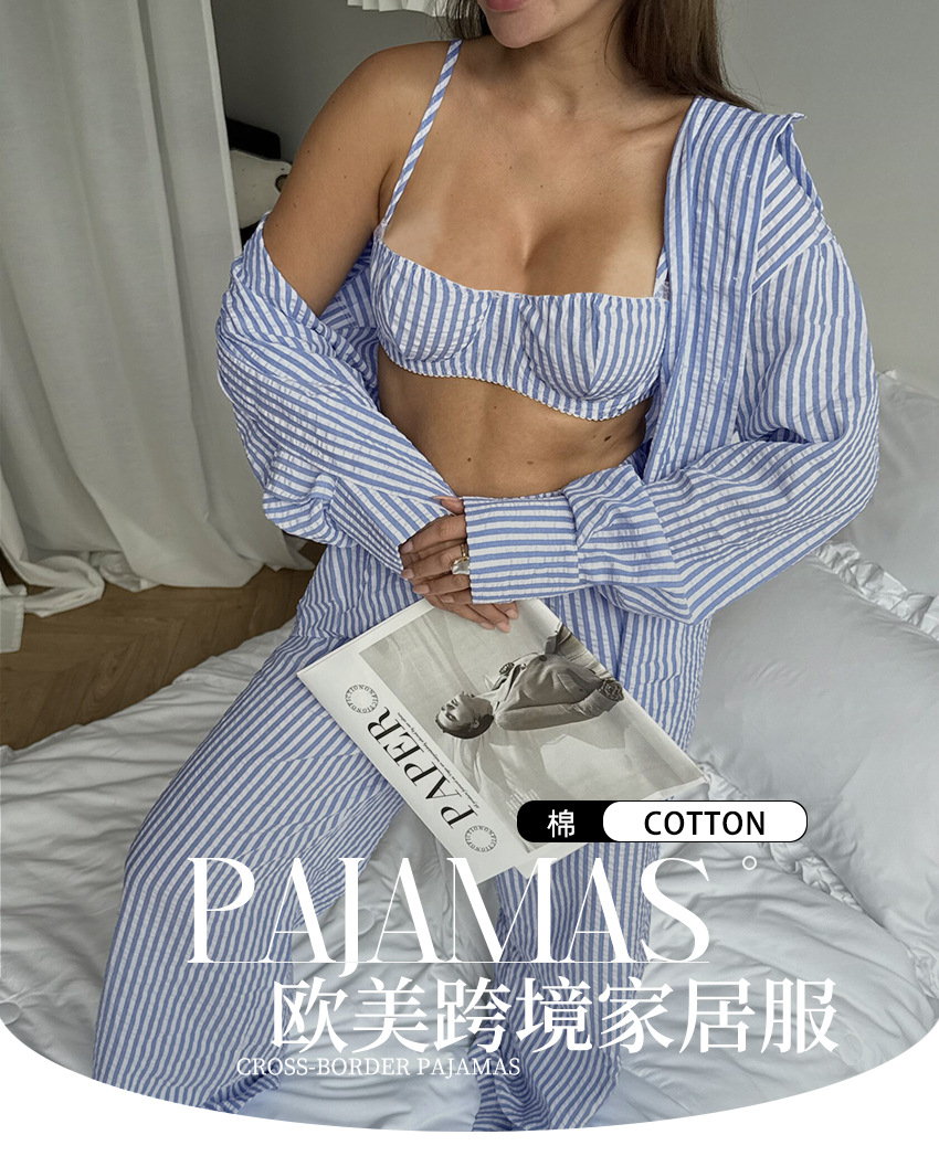 A new spring/summer striped three-piece pajama set from Europe and America, soft, loose and skin-friendly for women, suitable for cross-border wear in 2026 pic 4