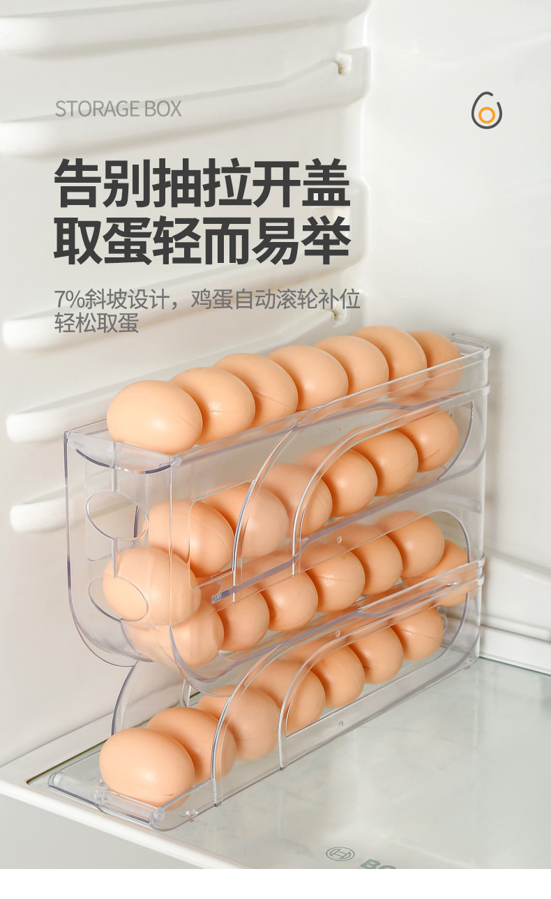 Household rolling egg storage box, kitchen multi-layer beveled automatic egg roller, refrigerator side door egg tray, preservation box pic 6