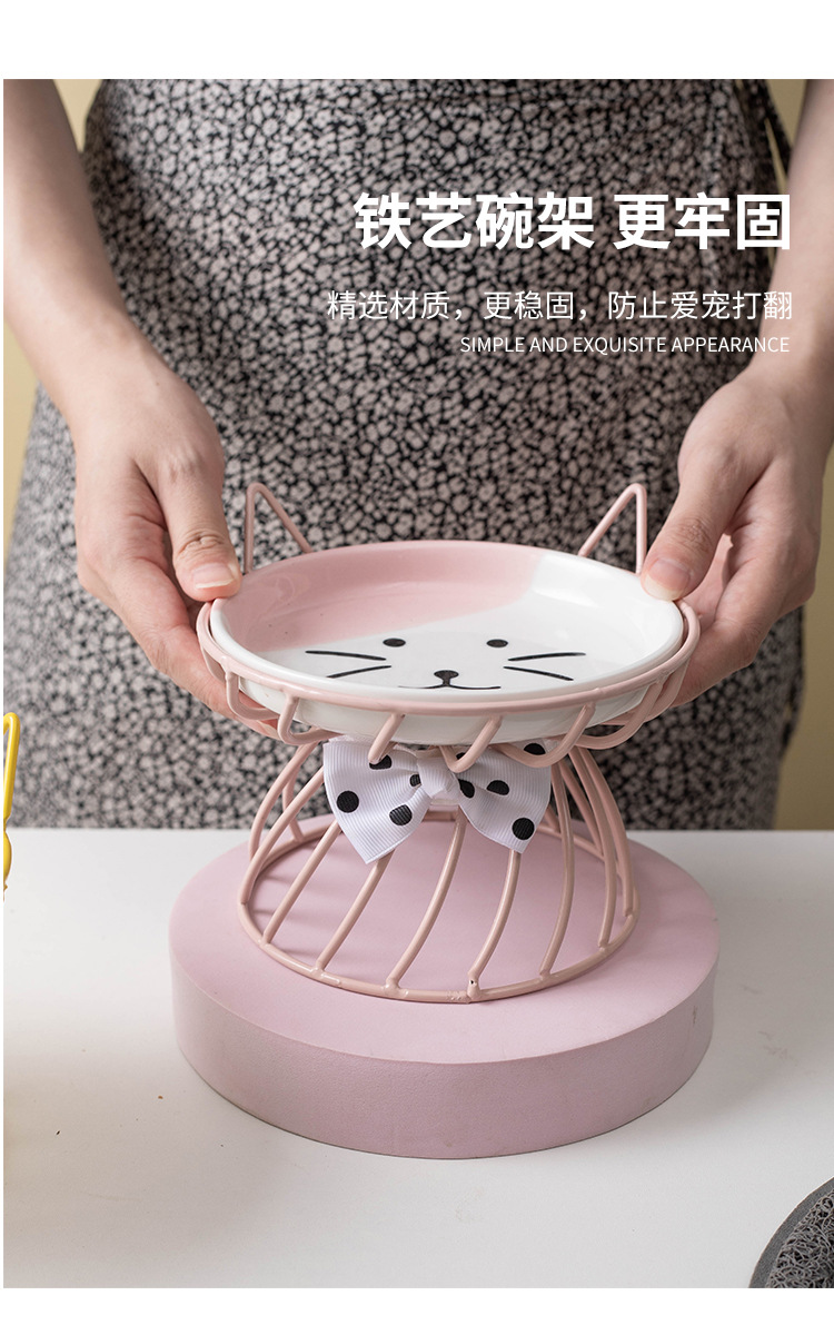 Wow custom cat bowl, ceramic high-legged neck guard, large-mouthed pet food bowl, Garfield cat special flat face bowl snack plate pic 4