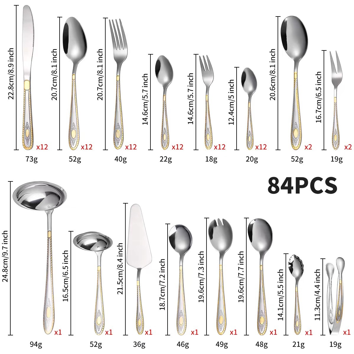 72-piece Western tableware set, 84-piece set, gold-plated Gong Yan stainless steel knife, fork and spoon gift box, wooden box pic 4