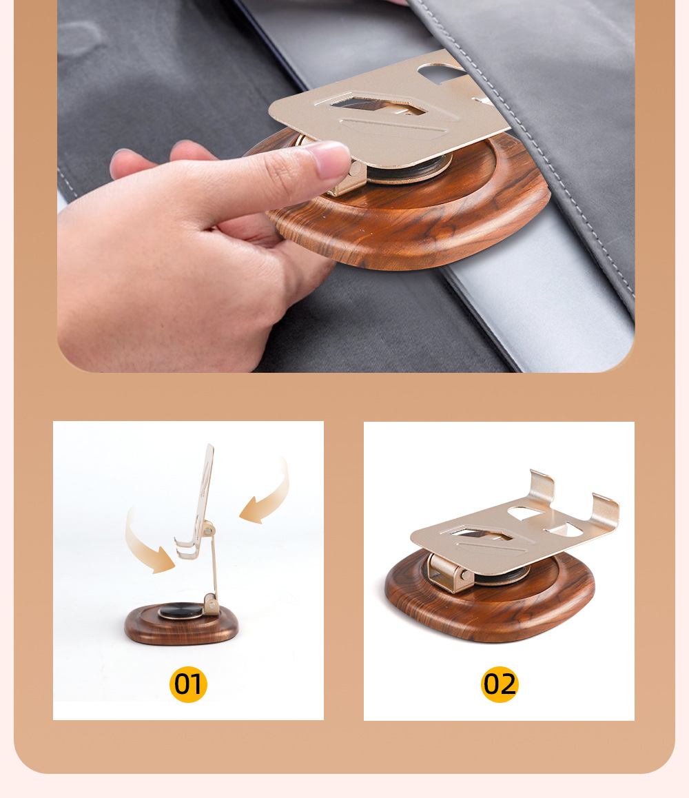 Wood-grain metal rotatable phone stand, desktop metal lazy person live streaming tablet, adjustable height, portable model pic 16