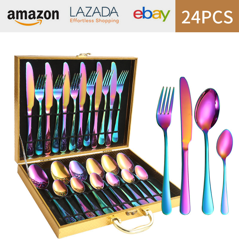 亚马逊1010不锈钢餐具24件餐具套装金色刀叉勺四主件跨境礼盒套装详情26