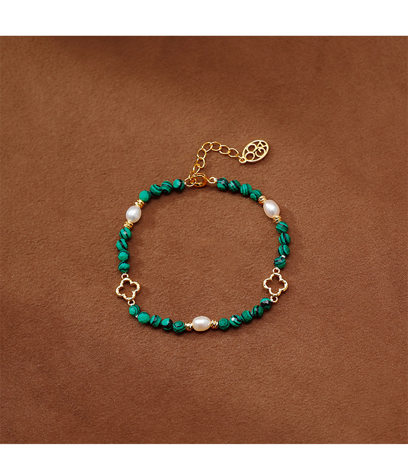 Gentle and elegant freshwater pearl malachite bracelet, noble and retro emerald beaded, simple hollowed-out pattern jewelry pic 2