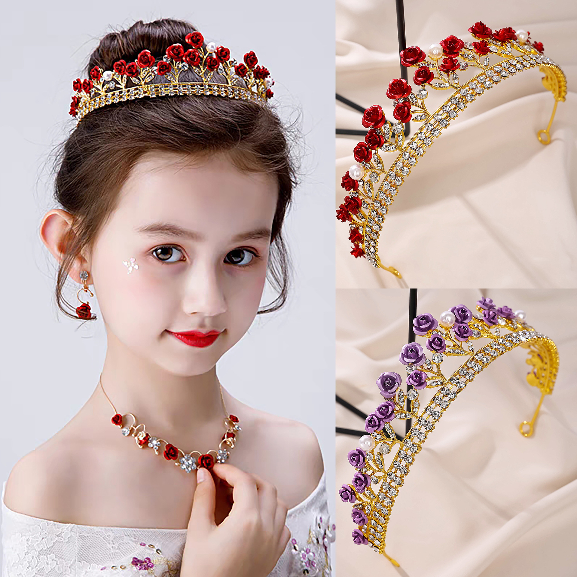 Nuevo compromiso barroco belleza temperamento rosas rojas princesa aros de pelo vestido de novia accesorios corona de novia pic 5