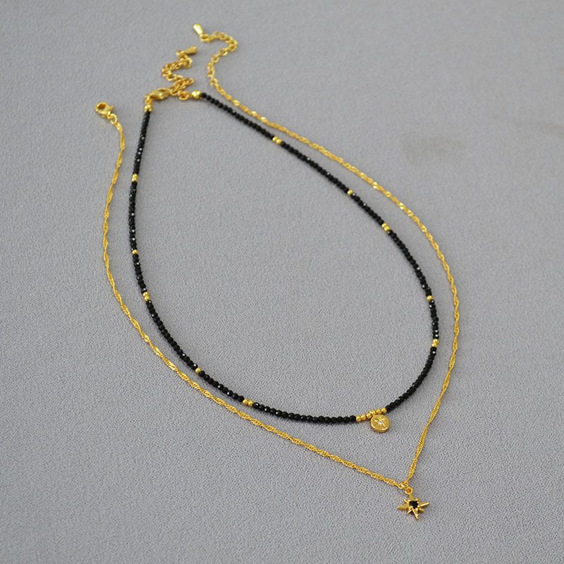 法式小众设计复古黑尖晶串珠星星吊坠双层链条叠戴简约气质项链女详情2