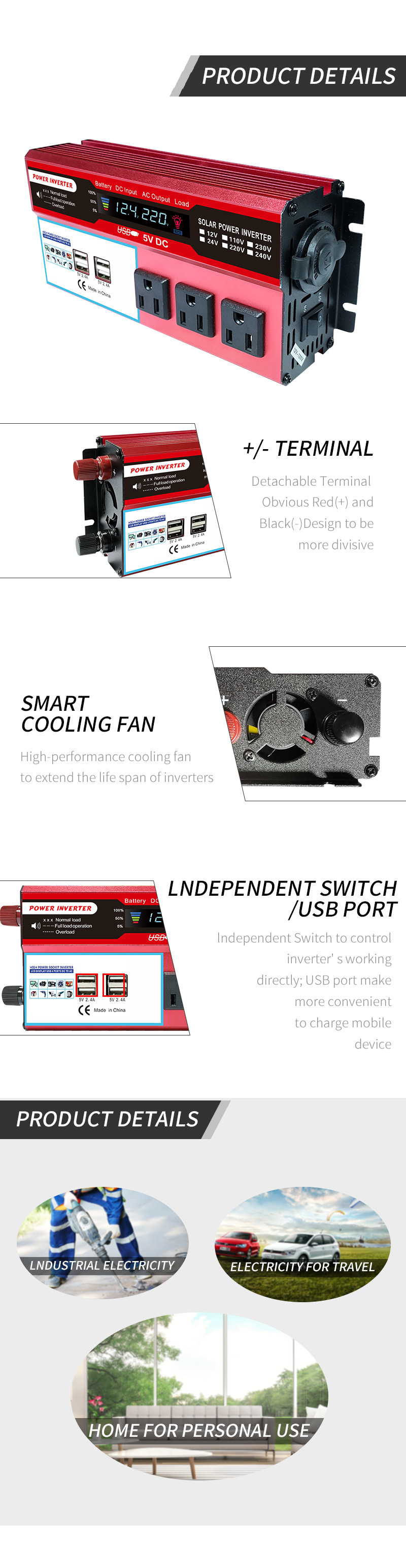 跨境爆款500W/1000W/2000W修正波车载逆变器 4USB电源转换器美规详情3