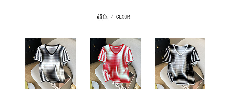 实拍 现货 女装夏季新款韩版V领条纹短袖T恤洋气冰丝针织衫上衣女详情4