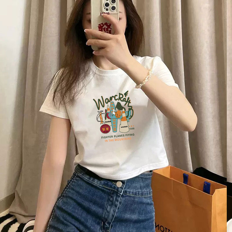 Pure cotton short-sleeved T-shirt for women, new summer style, high-waisted short, spicy girl style, slimming and petite, round-neck base layer pic 13