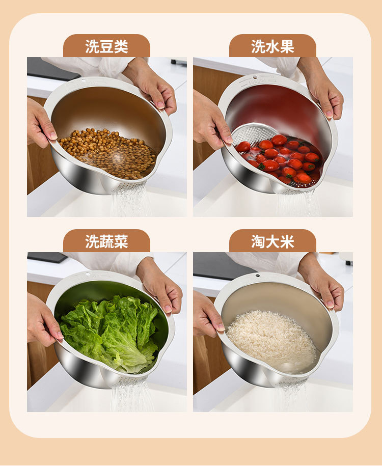 304不锈钢斜底淘米盆家用厨房多功能沥水盆洗米筛沥水淘米神器详情6