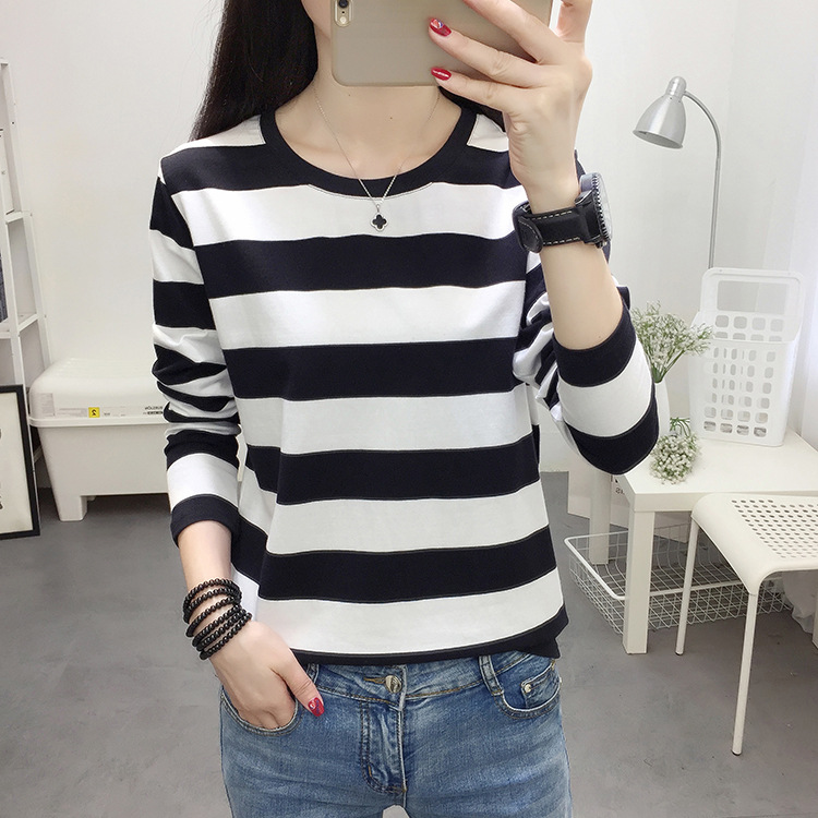 秋装胖mm加肥加大码宽松纯棉长袖t恤女装中年妈妈打底衫条纹上衣详情16