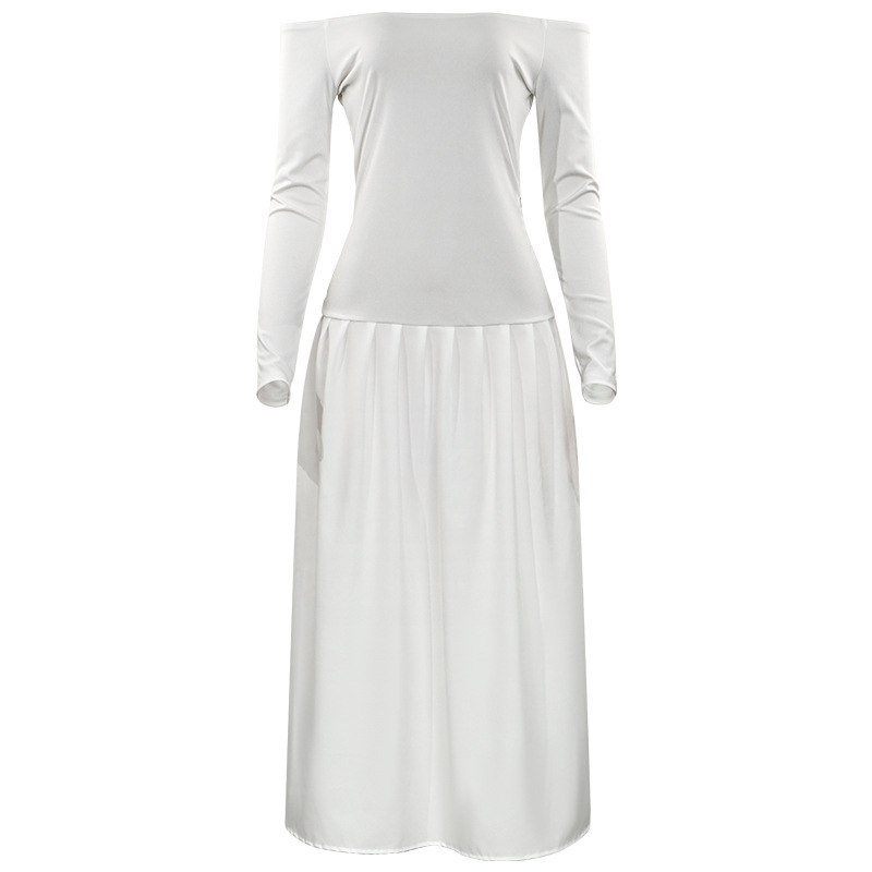 D016DS European and American cross-border 2024 Autumn new solid color one-shoulder long-sleeved slim French patchwork long dress pic 11