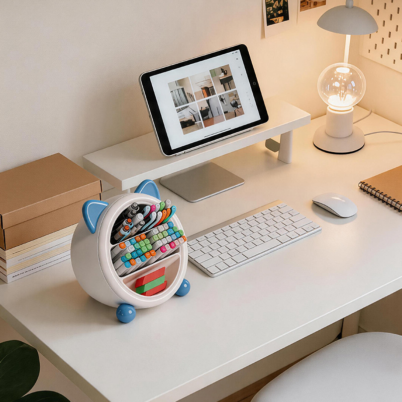 Cute cat-shaped wooden pen holder, desktop storage box, remote control, mobile phone stand, wooden color pasted style pic 3