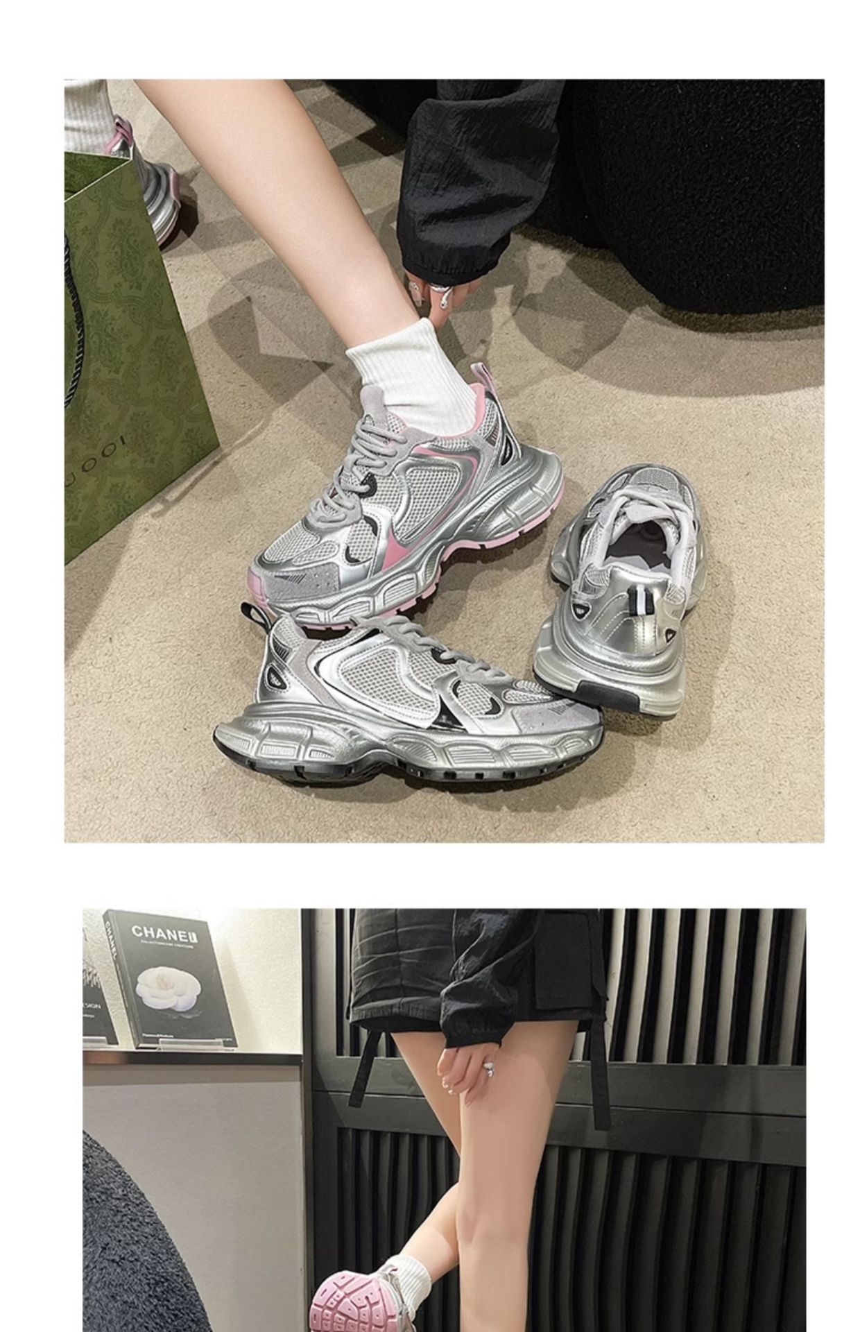 老爹鞋女2025春季新款厚底圆头网面休闲女鞋银色潮牌时尚运动鞋详情19