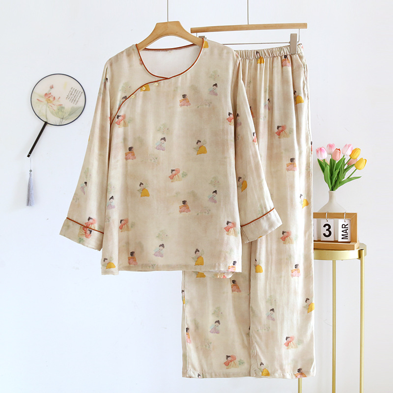 New Chinese-style ancient-style pajamas for women in spring and summer, thin bamboo and cotton Chinese-style Hanfu long-sleeved set for home wear, suitable for outdoor wear pic 4