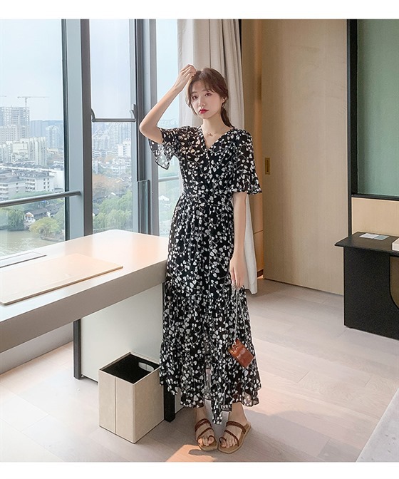 New summer dress for women, black knee-length floral chiffon, V-neck dress, fairy-like, super fairy-like and forest-like style pic 6