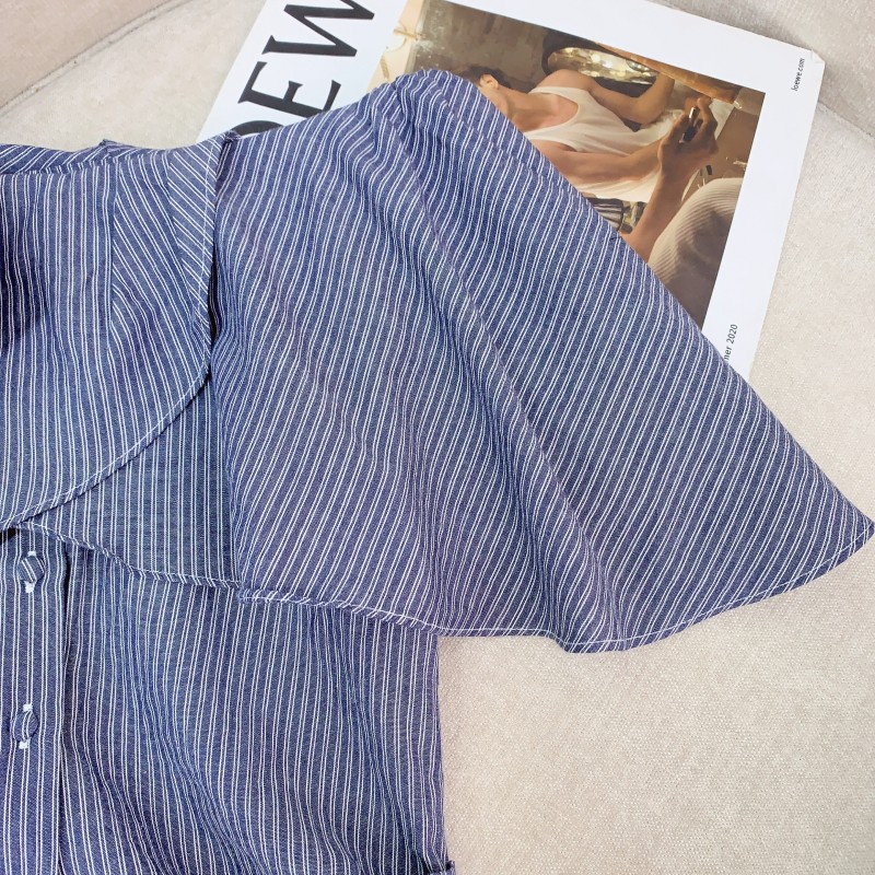 现货UNSP一字肩花边条纹短袖衬衫女2025夏季新款气质收腰显瘦上衣详情11