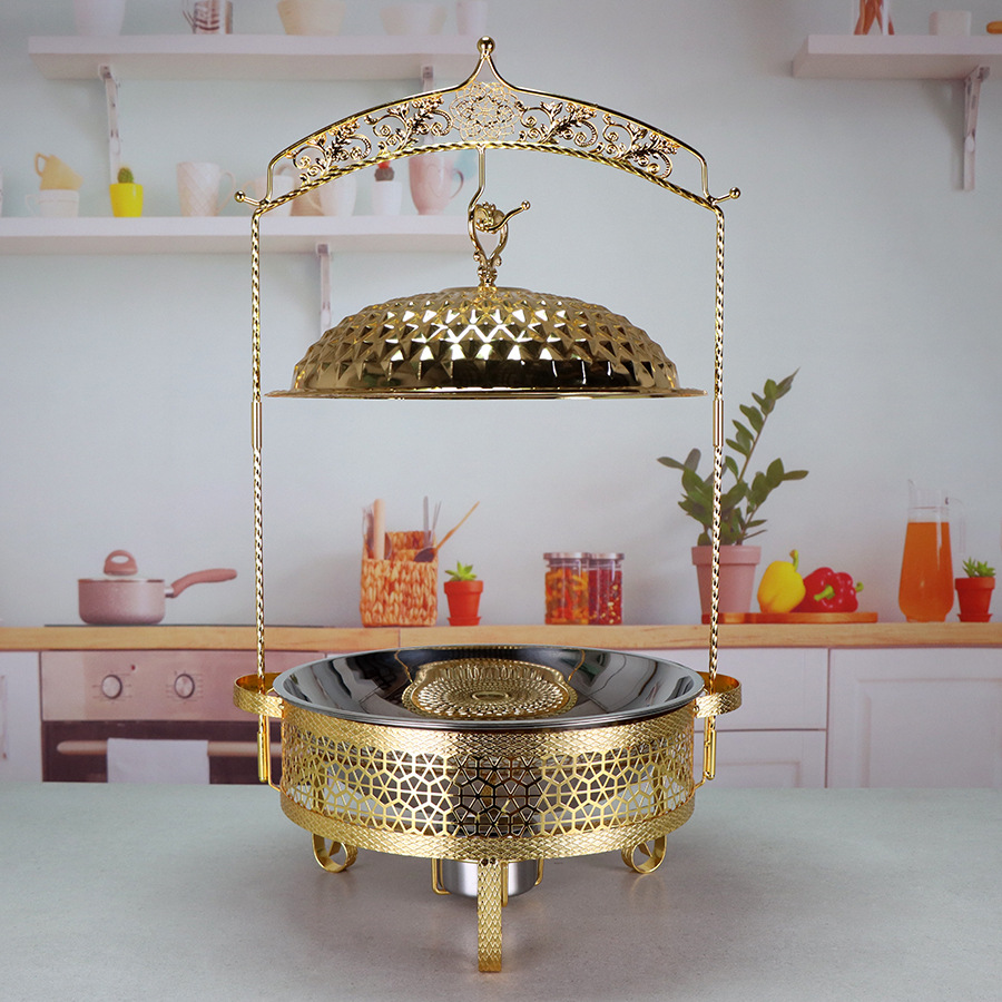 Round stainless steel hanging lid dining stove, hotel commercial food insulation container with bracket buffet stove pic 3