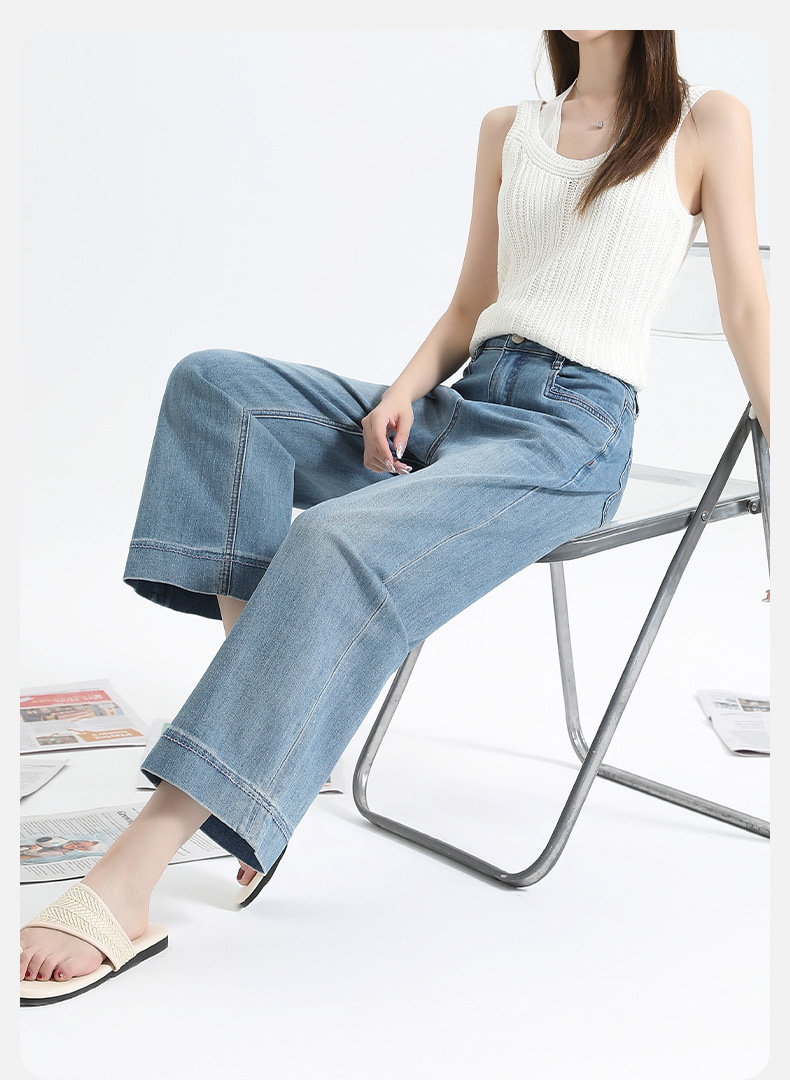 Petite 9-inch straight pipe pants with embroidered stretch in light blue, fashionable commuting pear-shaped high-waisted baguette pants that look slimming pic 12